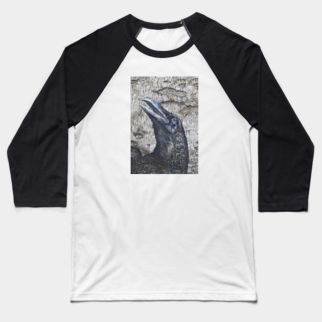 Black Raven Head Painting on Birch Bark - Gothic Bird Art Baseball T-Shirt by Vlad